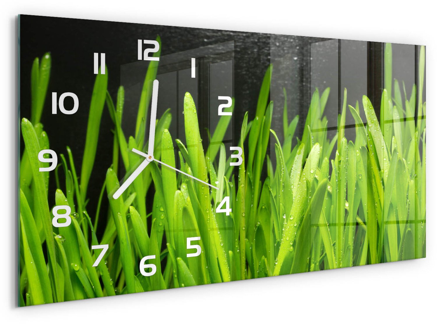 TULUP Wandklok - Gras Moderne Wandklok Glas - 60x30 cm - Groente Wandklok Glas Decoratie - Witte handen - Rechthoekige Klok - Glazen Wandklok Design - Klok Glas Met Opdruk