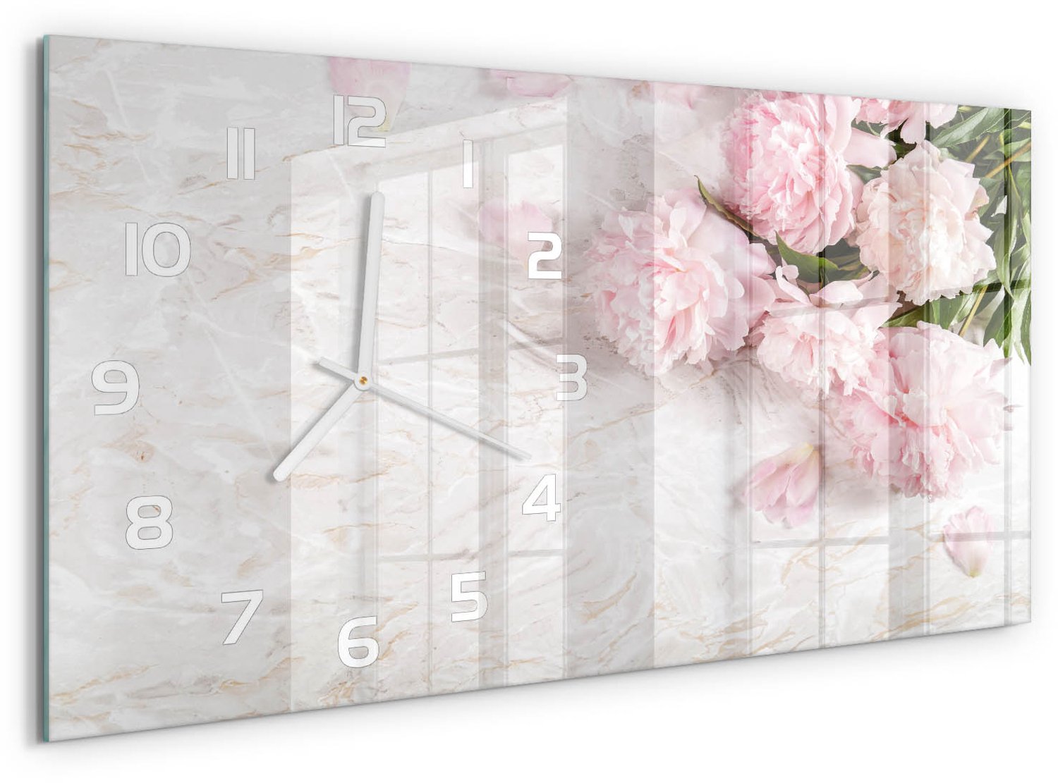 TULUP Wandklok - Pioenrozen Decoratieve Glazen Klok - 60x30 cm - Roze Glazen Wandklok Design - Witte handen - Rechthoekige Klok - Glazen Klok Met Print - Wandklok Glas Met Motief