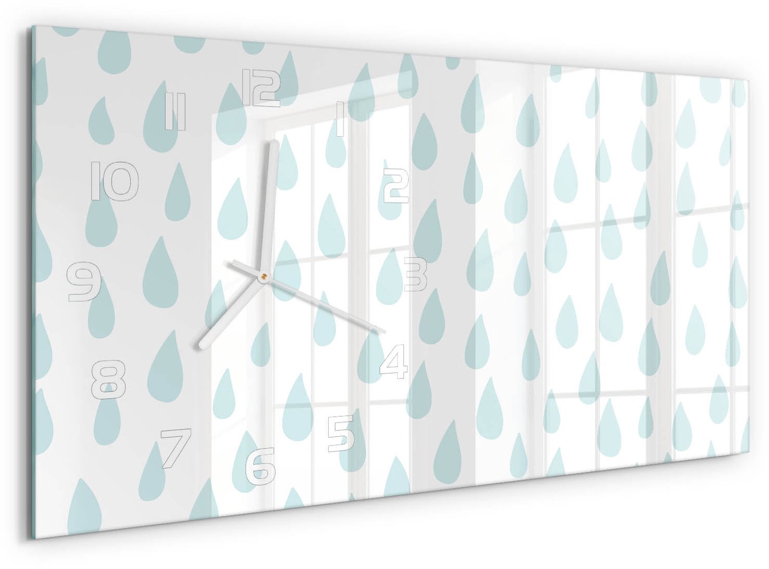 TULUP Wandklok - Druppel Klok Glas Met Opdruk - 60x30 cm - Blauw Moderne Wandklok Glas - Witte handen - Rechthoekige Klok - Decoratieve Glazen Klok - Glazen Wandklok Design