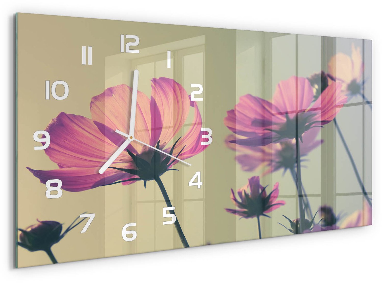 TULUP Wandklok - Roze bloemen Glazen Wandklok Design - 60x30 cm - Roze Klok Glas Met Opdruk - Witte handen - Rechthoekige Klok - Wandklok Glas Met Motief - Decoratieve Glazen Klok