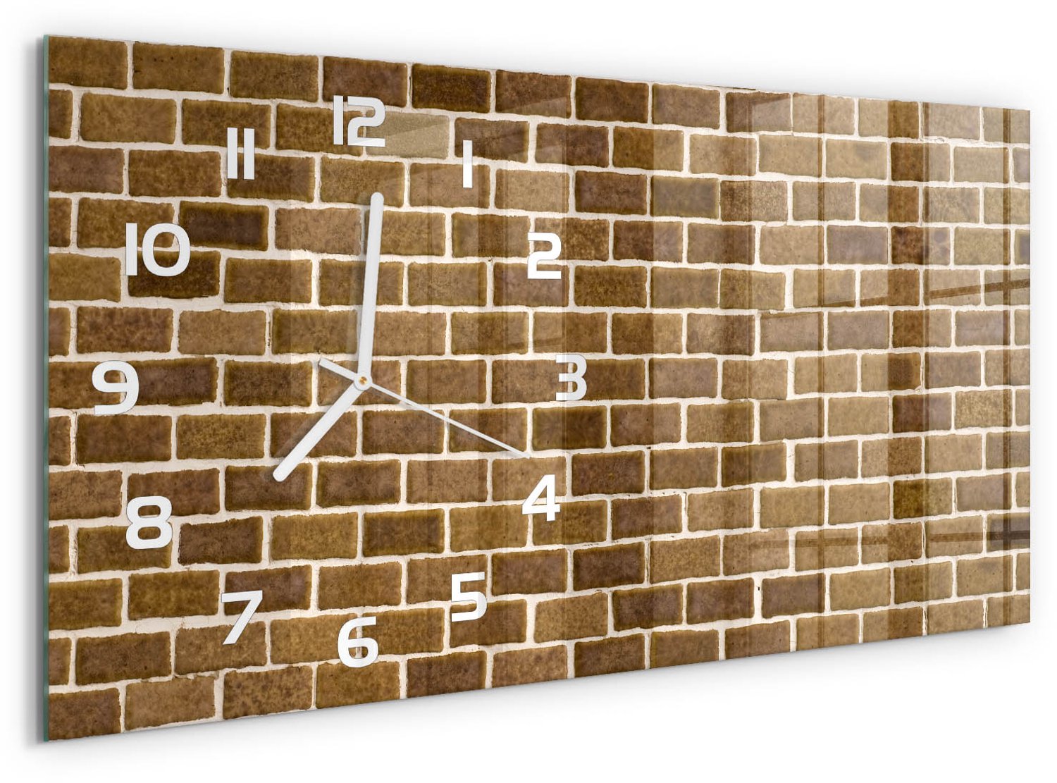 TULUP Wandklok - Bakstenen muur Klok Glas Met Opdruk - 60x30 cm - Bruin Moderne Wandklok Glas - Witte handen - Rechthoekige Klok - Decoratieve Glazen Klok - Glazen Wandklok Design