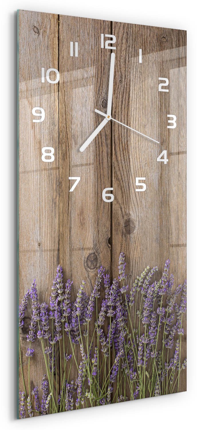 Tulup Wandklok - Lavendel op hout Glazen Wandklok Design - 30x60 cm - Bruin Klok Glas Met Opdruk - Witte handen - Rechthoekige Klok - Wandklok Glas Met Motief - Decoratieve Glazen Klok
