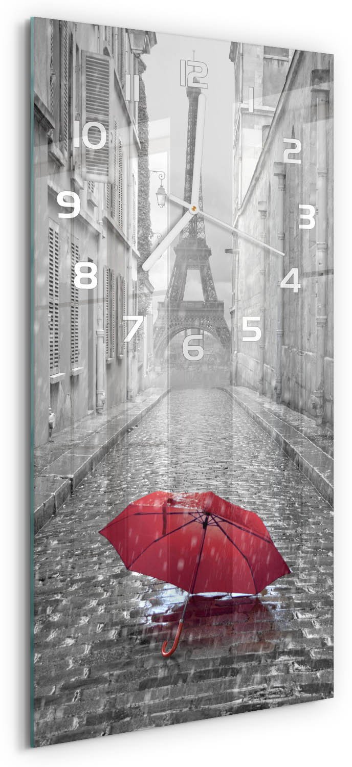 Tulup Wandklok - Paraplu Frankrijk Wandklok Glas Decoratie - 30x60 cm - Rood Gekleurde Glazen Klok - Witte handen - Rechthoekige Klok - Klok Glas Met Opdruk - Moderne Wandklok Glas