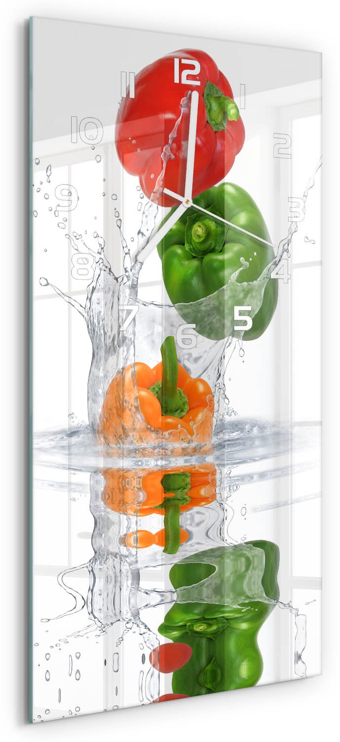 Tulup Wandklok - Peper Klok Glas Met Opdruk - 30x60 cm - Veelkleurig Moderne Wandklok Glas - Witte handen - Rechthoekige Klok - Decoratieve Glazen Klok - Glazen Wandklok Design