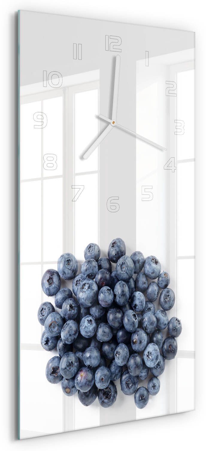 Tulup Wandklok - Bosbessen Wandklok Glas Met Motief - 30x60 cm - Blauw Decoratieve Glazen Klok - Witte handen - Rechthoekige Klok - Gekleurde Glazen Klok - Glazen Klok Met Print