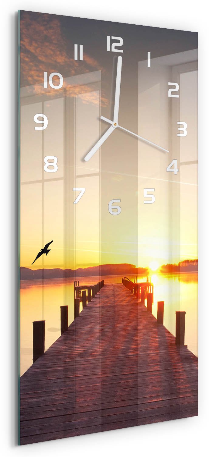 Tulup Wandklok - Zonsondergang Klok Glas Met Opdruk - 30x60 cm - Geel Moderne Wandklok Glas - Witte handen - Rechthoekige Klok - Decoratieve Glazen Klok - Glazen Wandklok Design