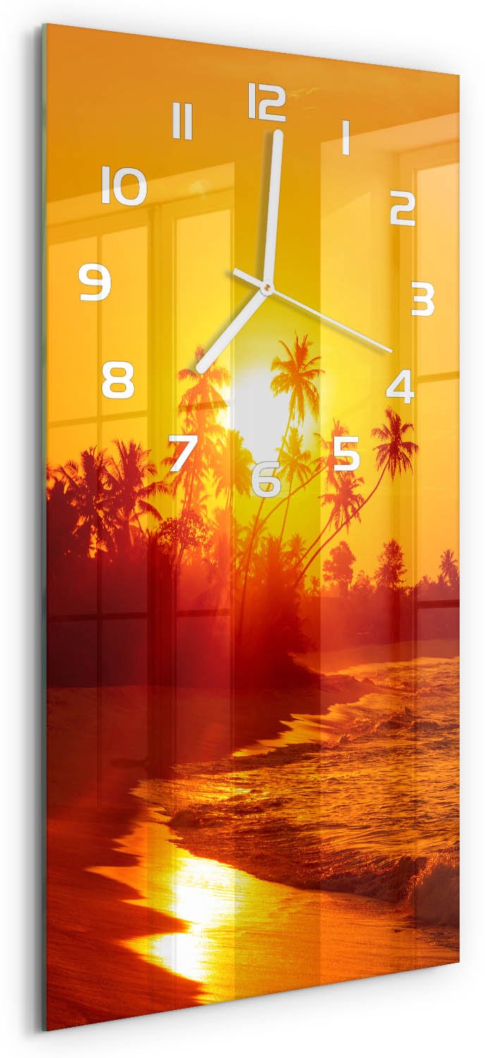 Tulup Wandklok - Tropisch strand Wandklok Glas Decoratie - 30x60 cm - Oranje Gekleurde Glazen Klok - Witte handen - Rechthoekige Klok - Klok Glas Met Opdruk - Moderne Wandklok Glas