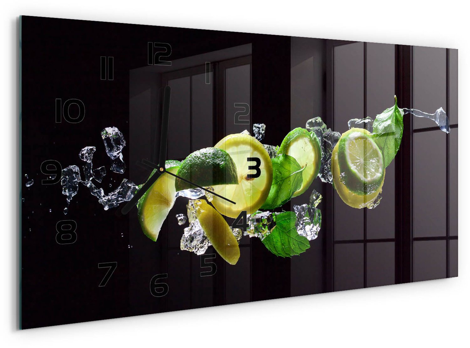 TULUP Wandklok - Limoen en citroen Glazen Klok Met Print - 60x30 cm - Groente Wandklok Glas Met Motief - Zwarte handen - Rechthoekige Klok - Wandklok Glas Decoratie - Gekleurde Glazen Klok