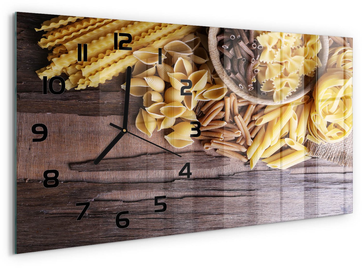 TULUP Wandklok - Pastamix Glazen Klok Met Print - 60x30 cm - Geel Wandklok Glas Met Motief - Zwarte handen - Rechthoekige Klok - Wandklok Glas Decoratie - Gekleurde Glazen Klok