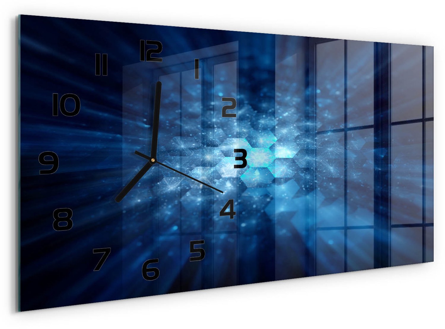 TULUP Wandklok - Kristallen Wandklok Glas Decoratie - 60x30 cm - Blauw Gekleurde Glazen Klok - Zwarte handen - Rechthoekige Klok - Klok Glas Met Opdruk - Moderne Wandklok Glas