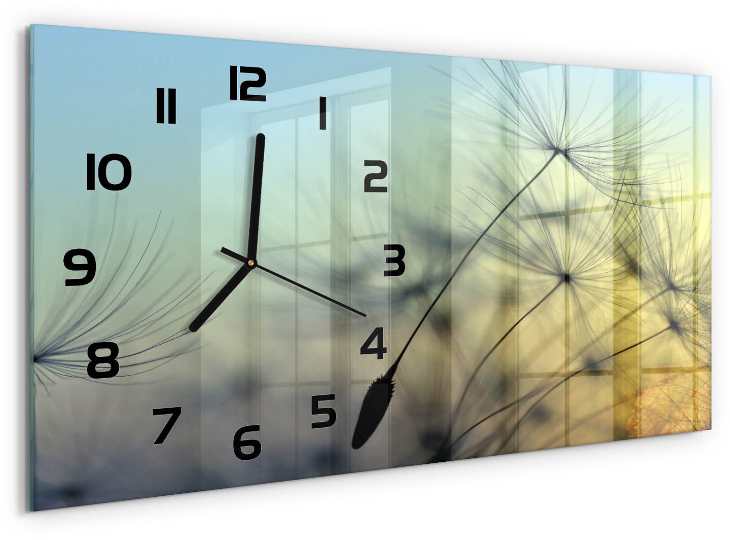 TULUP Wandklok - Paardenbloemzaden Decoratieve Glazen Klok - 60x30 cm - Blauw Glazen Wandklok Design - Zwarte handen - Rechthoekige Klok - Glazen Klok Met Print - Wandklok Glas Met Motief