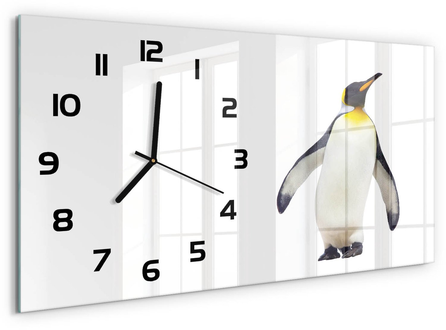 TULUP Wandklok - Pinguïn Wandklok Glas Met Motief - 60x30 cm - Wit Decoratieve Glazen Klok - Zwarte handen - Rechthoekige Klok - Gekleurde Glazen Klok - Glazen Klok Met Print