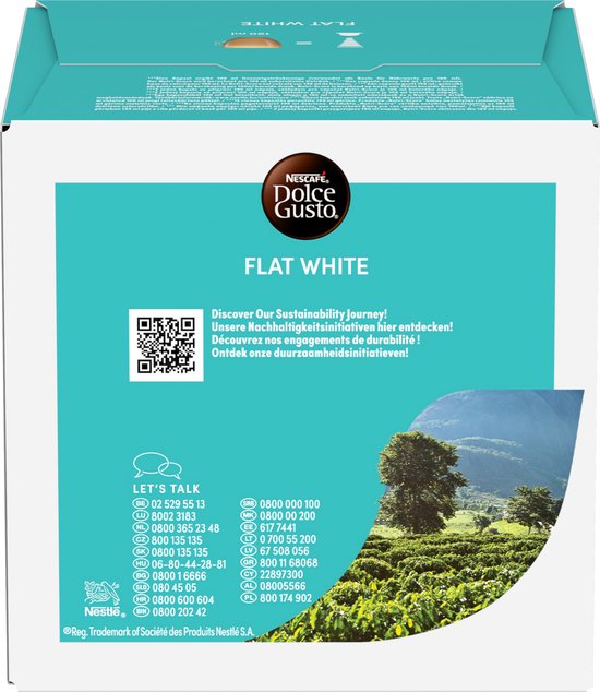Achterkant van de NESCAFÉ Dolce Gusto Flat White verpakking met landschap en contactinformatie.