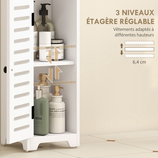 Binnenkant van de witte badkamerkast met verstelbare planken, gevuld met cosmetische flessen.