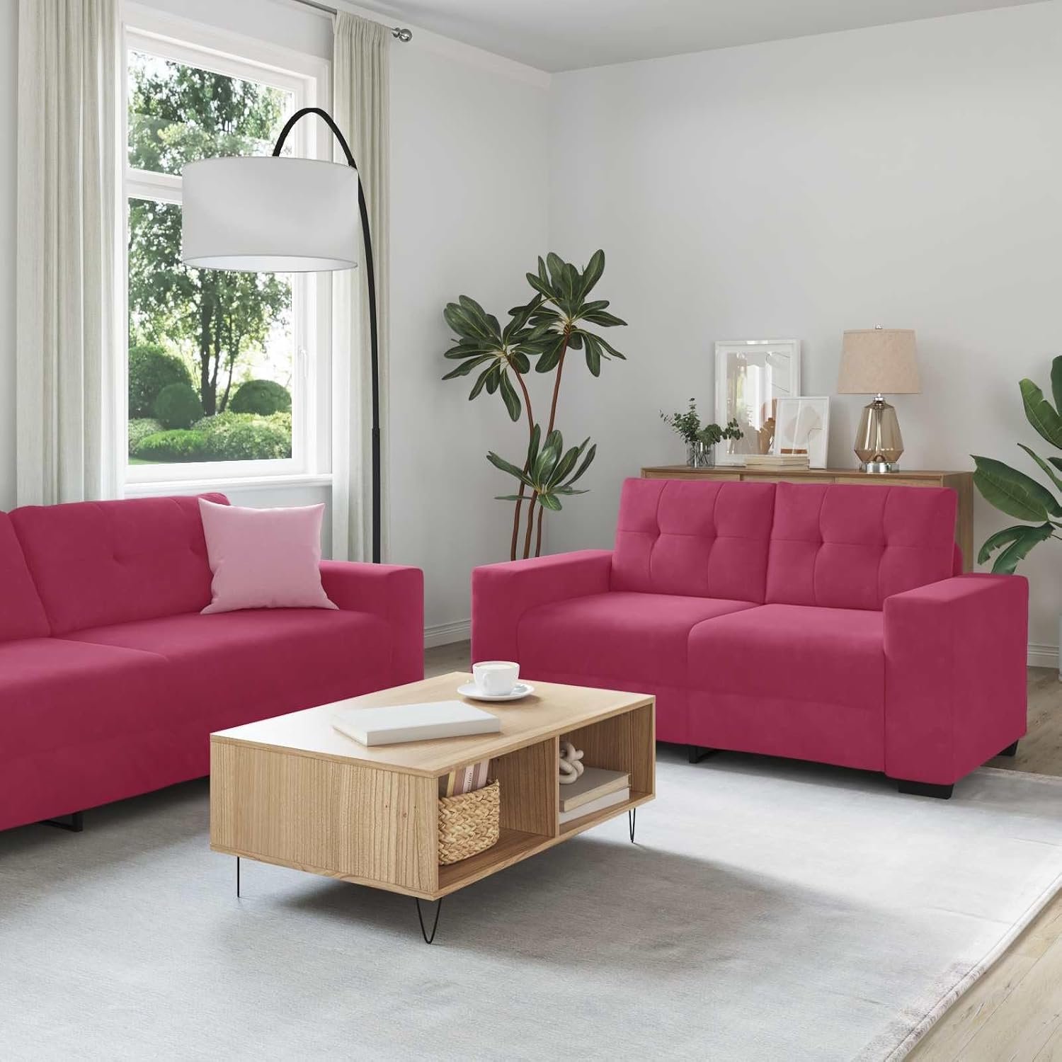 2-delige bankset met kussen wijnrood fluweel en salontafel, fluwelen sofa set voor woonkamer met robuust houten metalen frame en brede armleuningen
