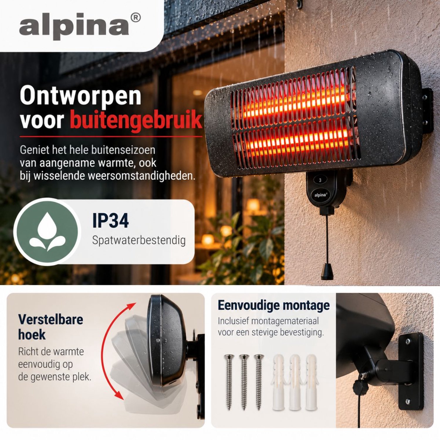 alpina Infrarood Verwarming Hangend - Terras Heater 2000W 3 Warmtestanden - Spatwaterdichte Terrasheater IP34 met Infrarood Paneel - Terrasverwarmer – foto 5