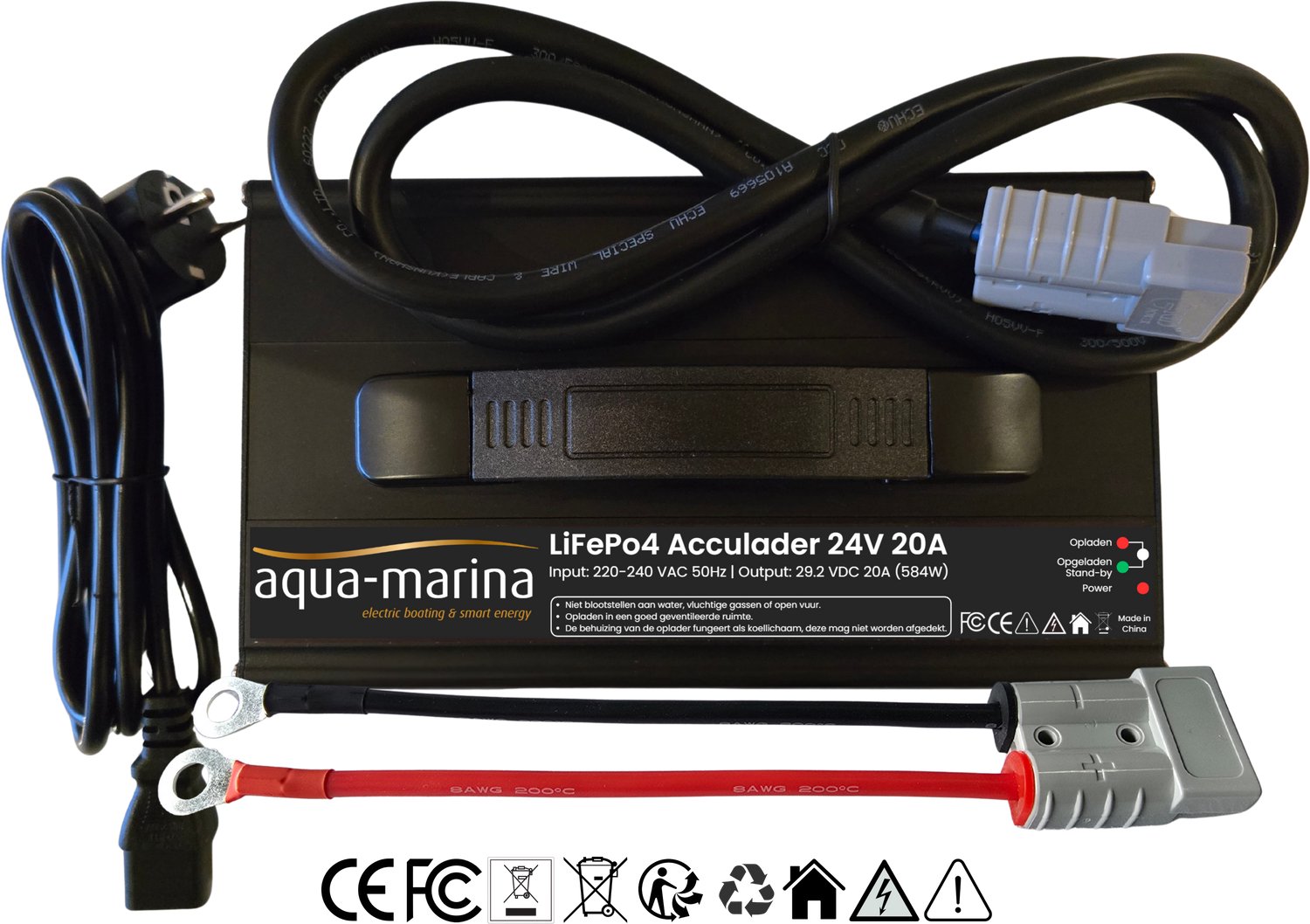 Aqua-Marina LiFePO4-acculader 24V 20A – 29,2V met SB50 en M8-kabelogen en 8AWG / 10mm2 adapterkabel