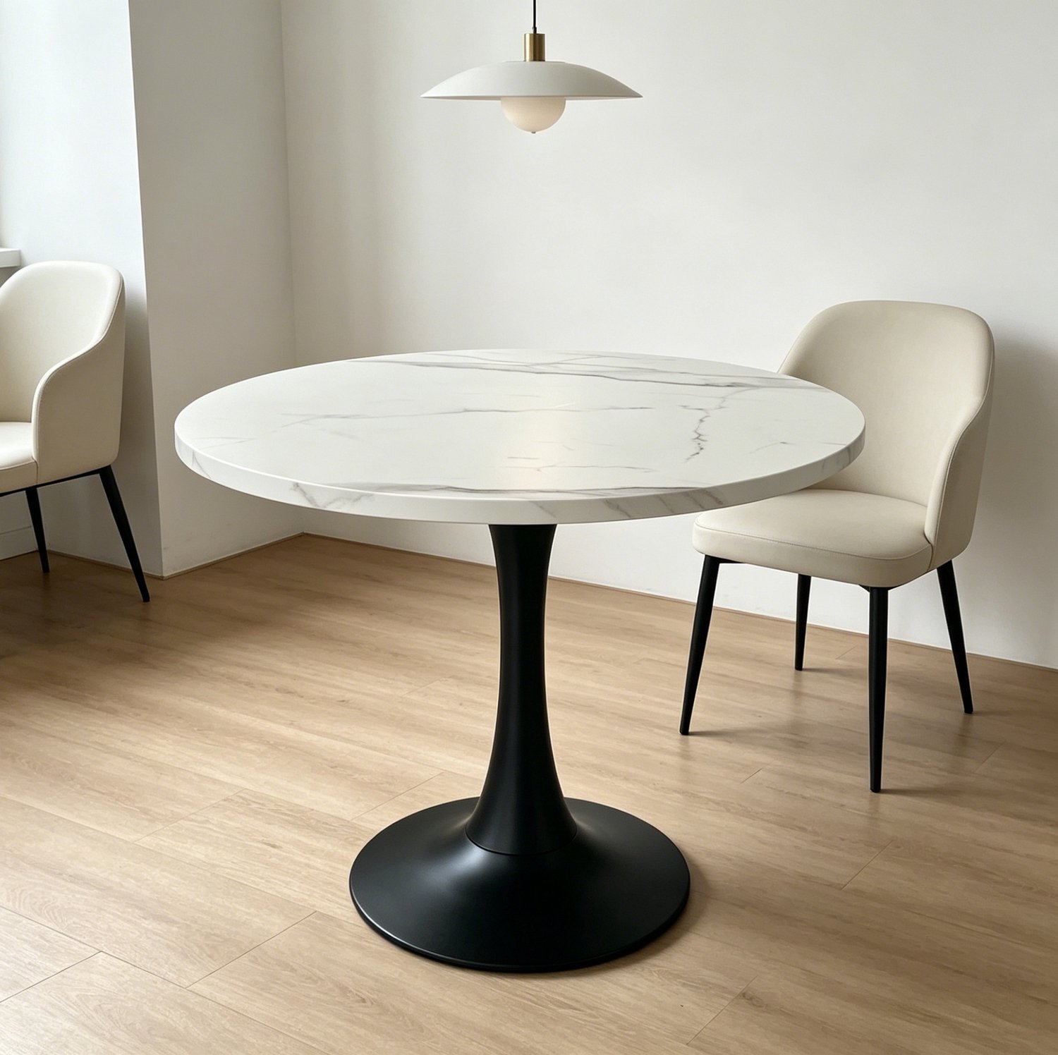 CHICFURN Eettafel - 2-4 personen - Marmerlook - Metalen voet - Wit en zwart