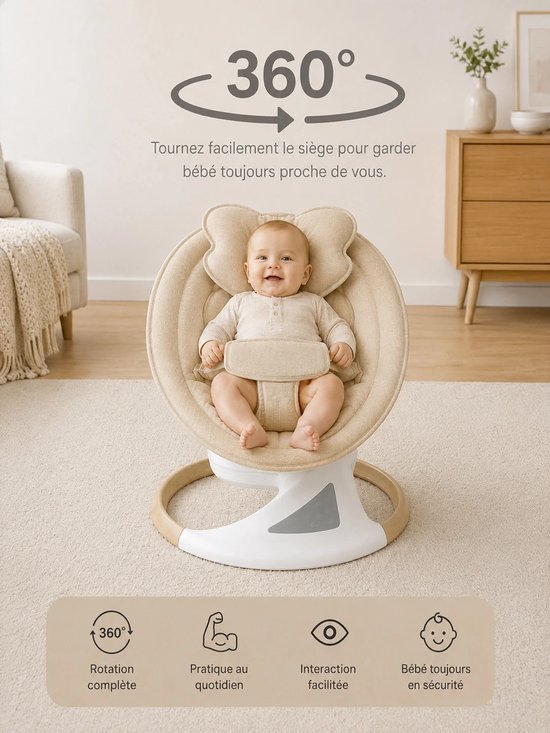 BEBE2LUXE EMY Elektrische Babyschommel en Wipstoel, 360° draaibaar, Bluetooth, afstandsbediening, 5 snelheden, tot 9 kg (beige) — afbeelding 3