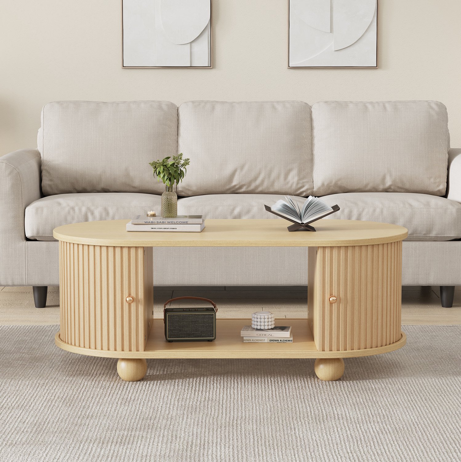 CHICFURN Salontafel - met opbergruimte - ovaal - houtkleur