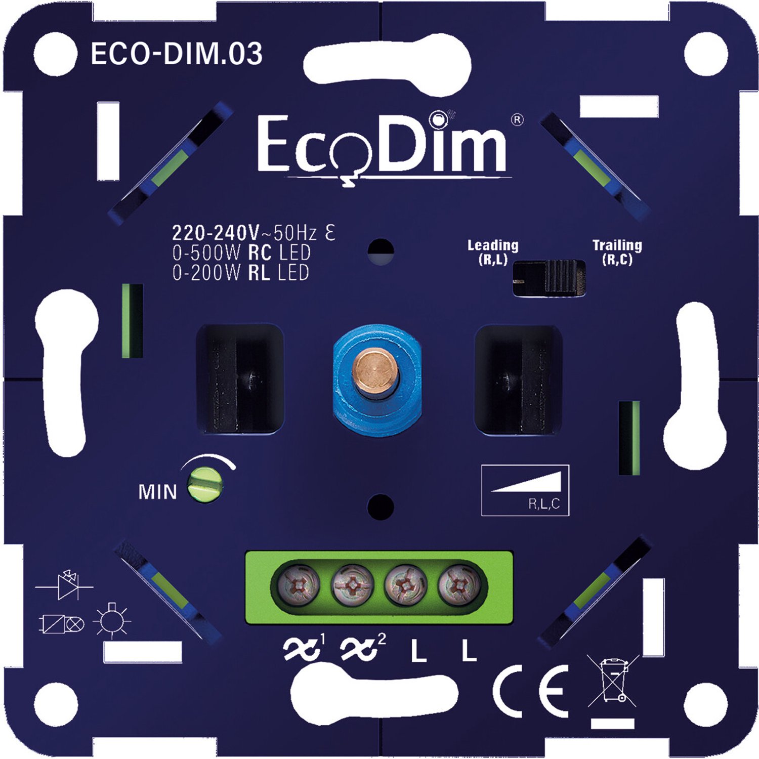 EcoDim - LED Dimmer - ECO-DIM.03 - Fase Aan- en Afsnijding RLC - Inbouw - Enkel Knop - 0-500W
