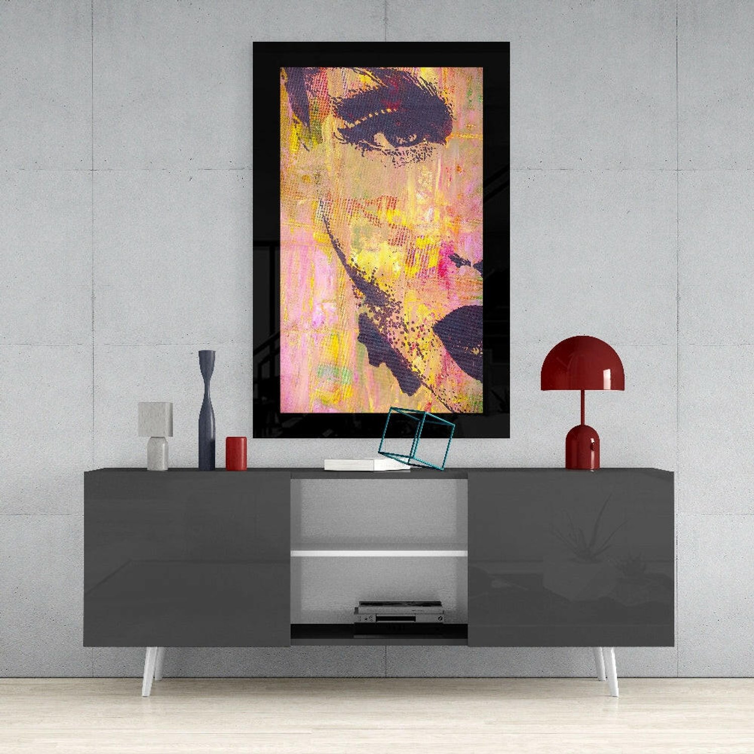 Glasschilderij – Abstracte Vrouw in Goud en Roze – Eigentijdse Wanddecoratie