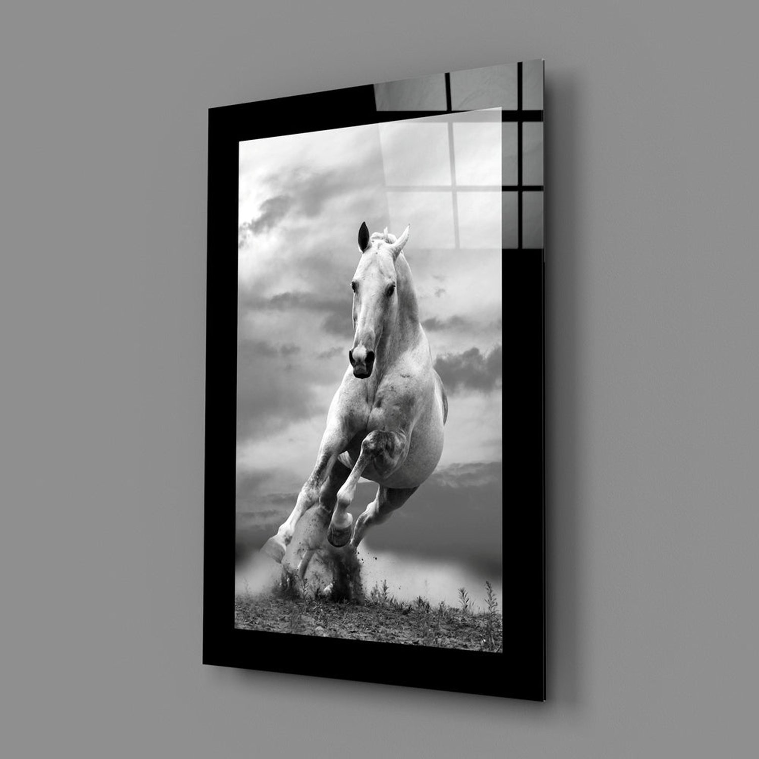 Insigne Art Glasschilderij – Wit Paard in Beweging – Decoratief Glasschilderij Meerkleurig