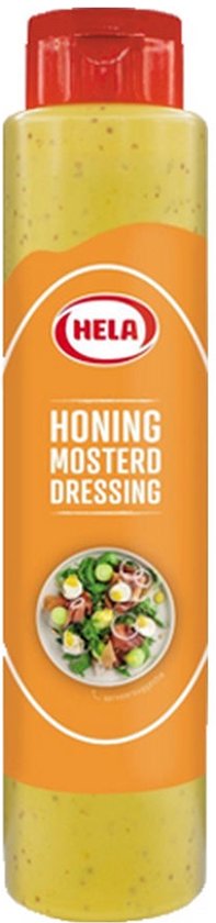 Fles Hela honing-mosterddressing met een rode dop en etiket met een afbeelding van een frisse salade.