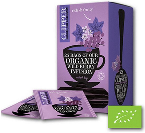Paarse doos Clipper biologische wildvruchteninfusie met 25 zakjes, inclusief EU-biologisch keurmerk.