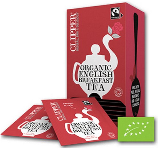 Rode doos en zakjes Clipper biologische English Breakfast thee met witte theepotillustratie en Europees bio-logo.