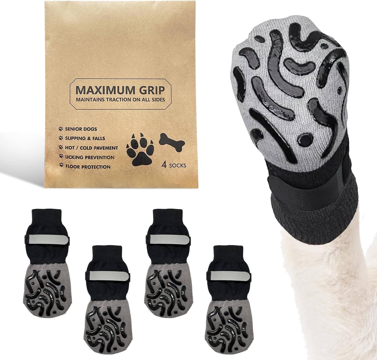 4 Stuks Hondensokken | Hondepoten Stoppen met Likken | Verstelbare Sokken met Grip voor Oudere Honden op Houten Vloeren (Zwart, XS)