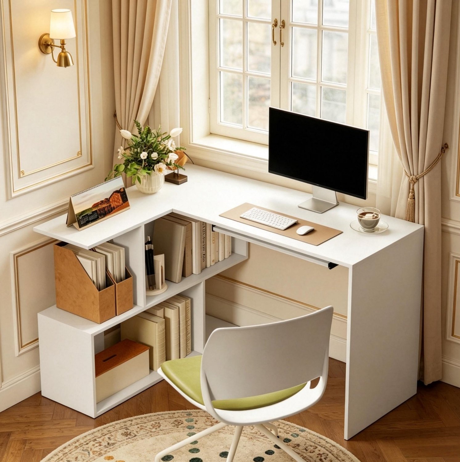 CHICFURN Hoekbureau - L-vormig - toetsenbordlade - opbergrek - wit
