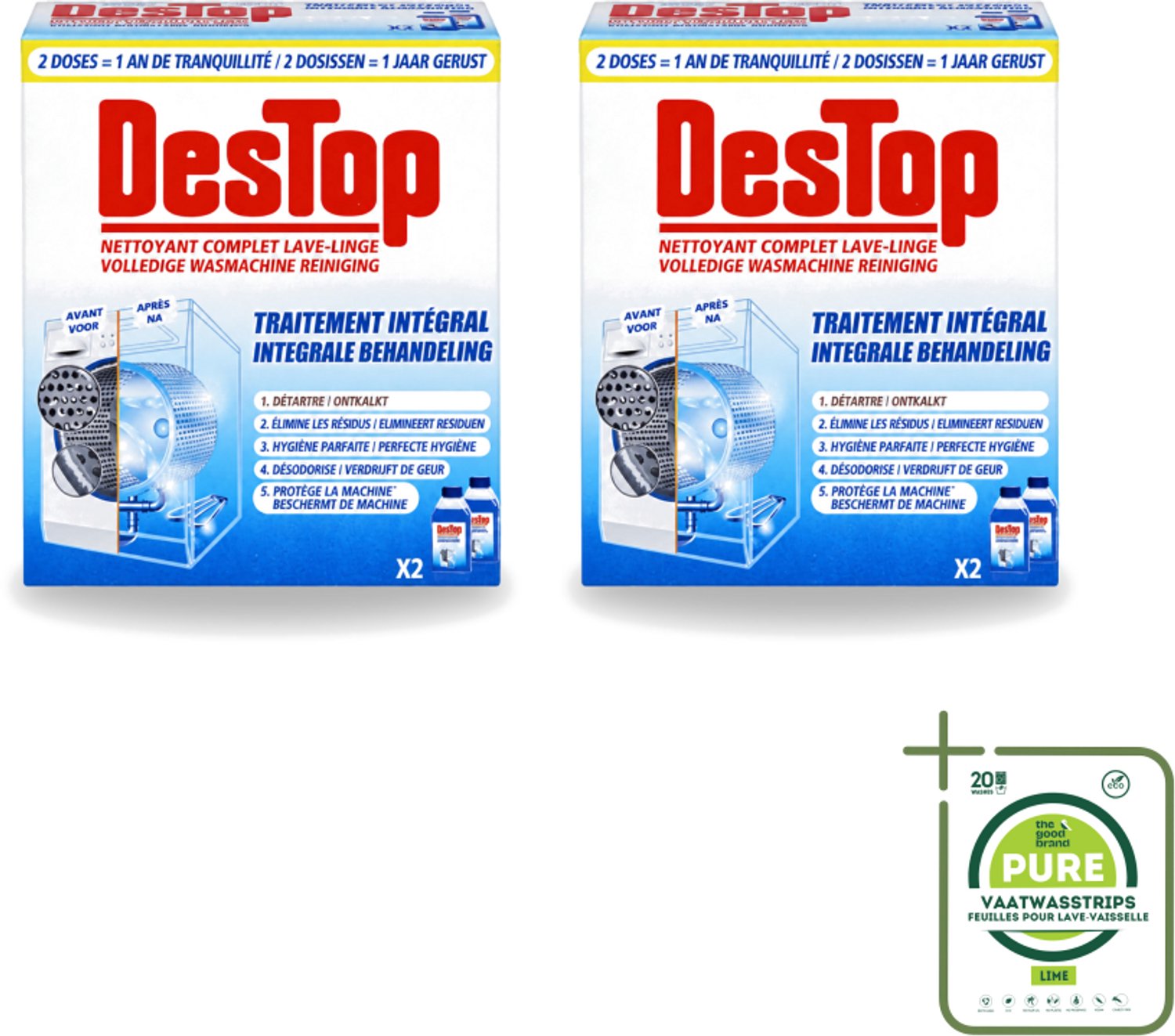 2 x Destop - Wasmachine reiniger - Integrale Behandeling - Duopack - Grootverpakking - Vaatwasstrips - Wasmachine Reiniger - Kalk Verwijderen - Wasmachine Reinigen - Wasmachine Hygiëne - Wasmachine Onderhoud