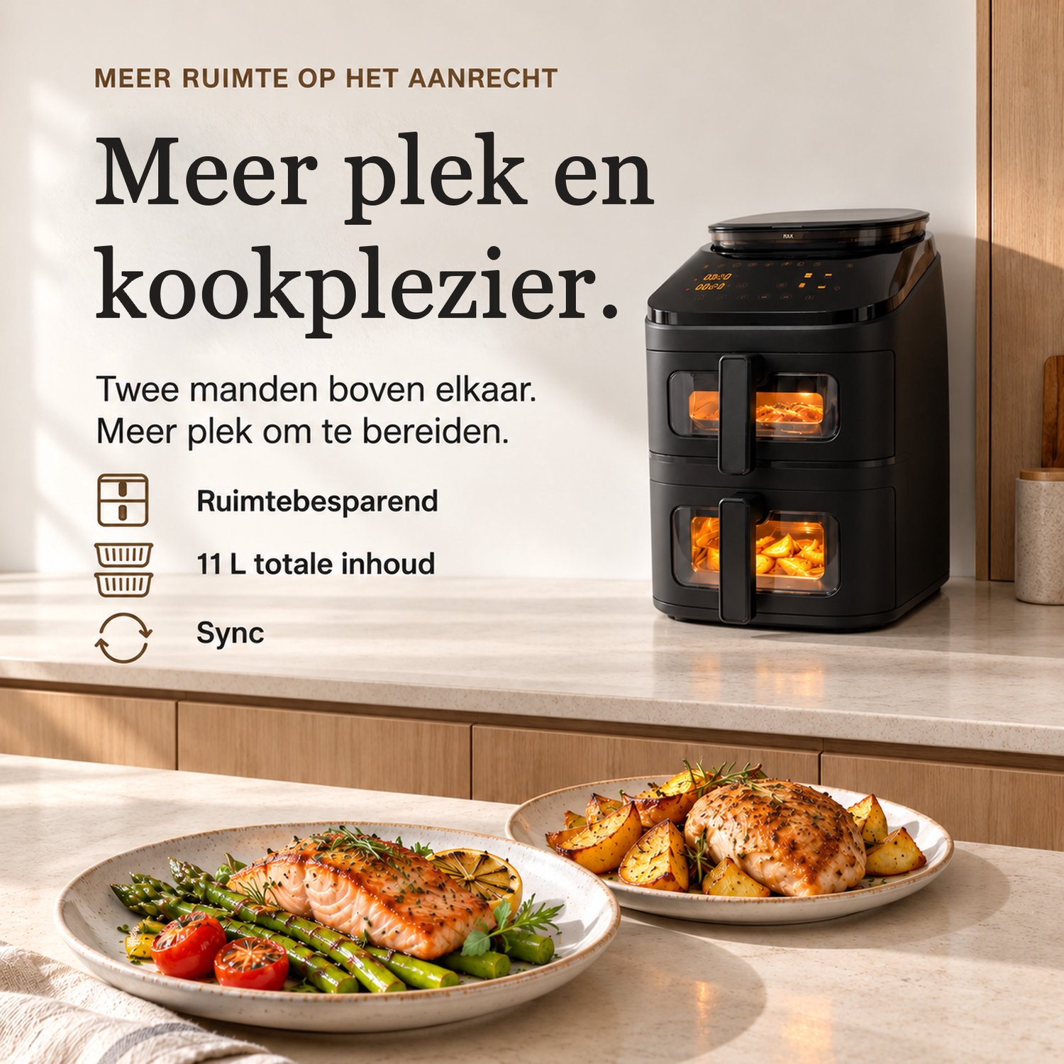 SwayTosh Cloud Airfryer met Stoomfunctie - 11L - PFAS Vrij - Double Stacked - Dubbele Airfryer XXL - Stomen én Airfryen - 2 Manden - 10 Kookprogramma's - 40-200°C - Dubbele Heteluchtfriteuse - 2750W thumbnail 3