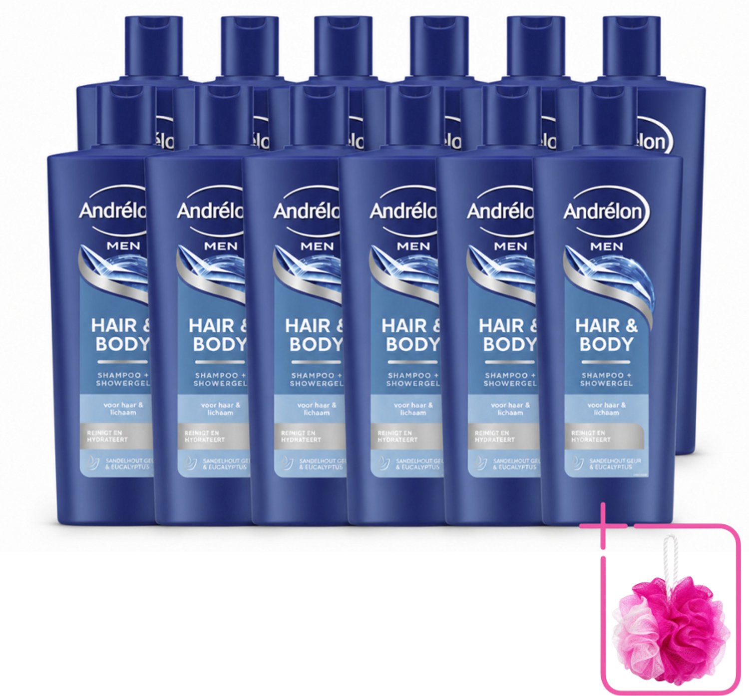 12 x Andrélon – Shampoo – Hair & Body Men – 400 ml - Bulkverpakking - Mannelijke haar en huid verzorging - Douchemop - 2-in-1 shampoo en showergel