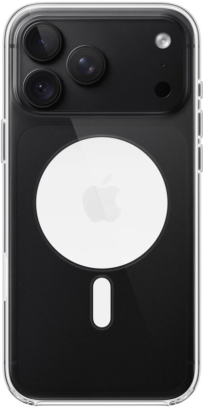 Transparante hoes voor zwarte iPhone met witte MagSafe-cirkel.