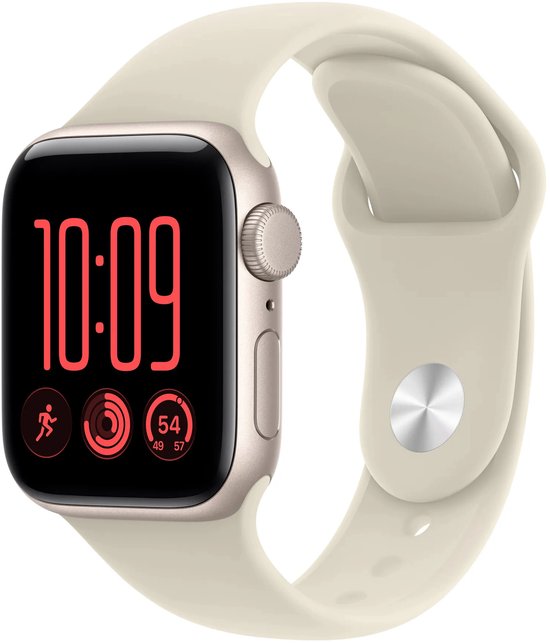 Apple Watch SE in stervormig beige met siliconen band en digitaal display met tijd 10:09 en activiteitsringen.