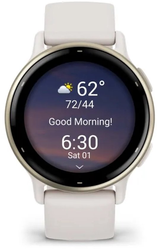 Garmin Vivoactive 5-scherm met 'Good Morning', 6:30 uur en weersinformatie.