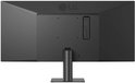 Achterzijde van de zwarte LG-monitor op een voetstuk.