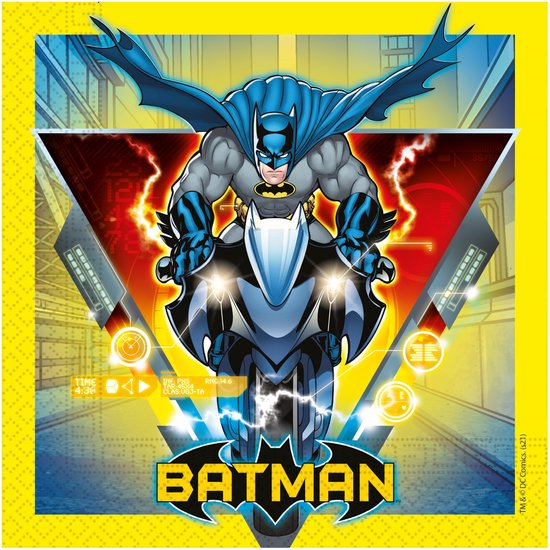 Gele papieren servet met Batman op een motorfiets, omringd door technologische details en het Batman-logo.