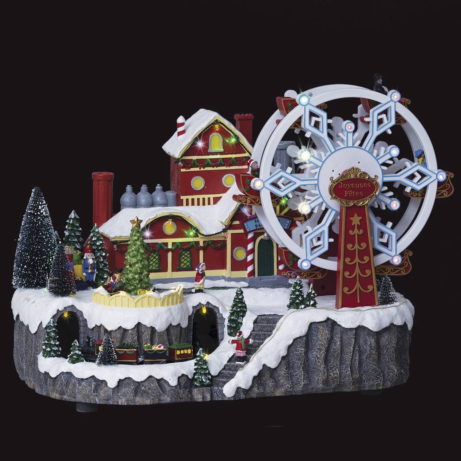 Verlicht dorp met Kerstman-reuzenrad, 51 LED's, 41 cm lang, met bewegende figuren (LUMA)