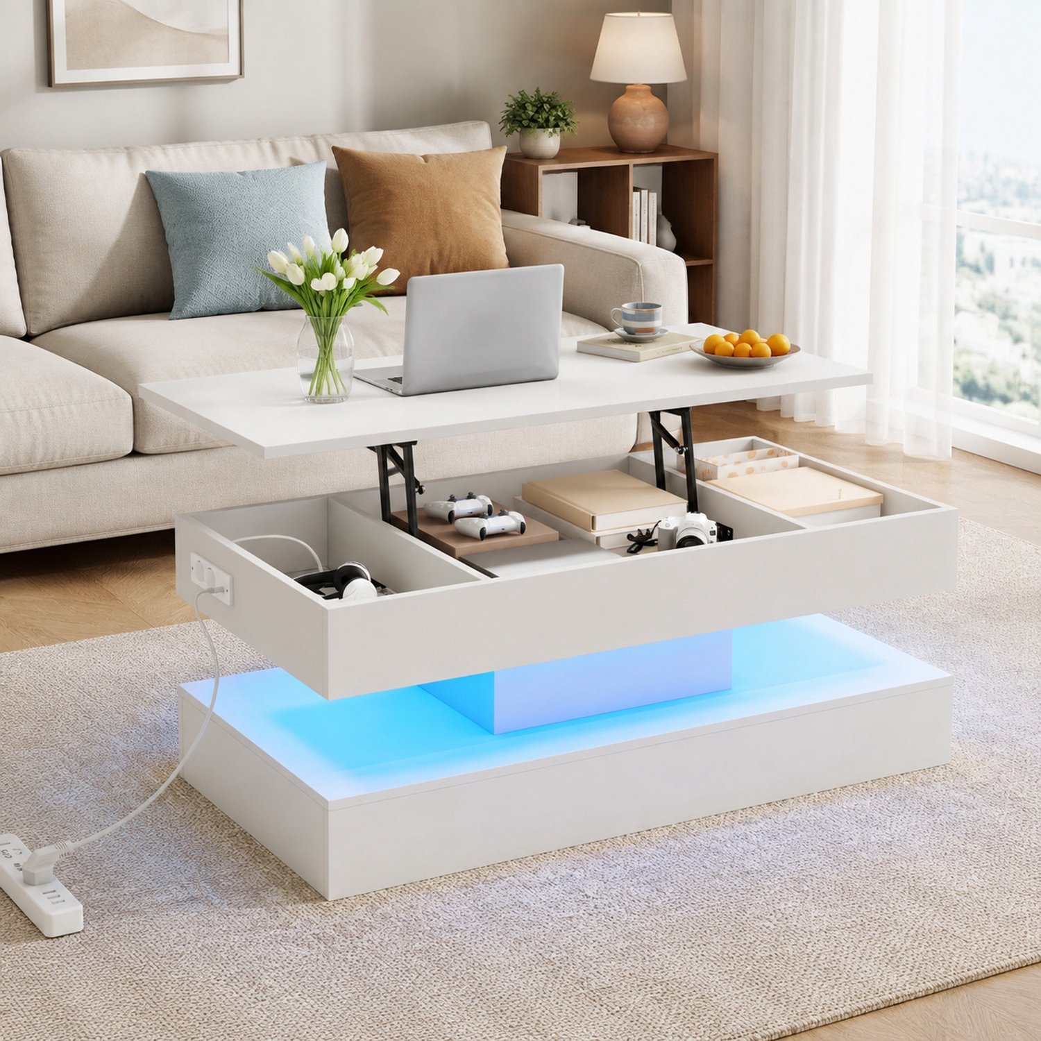CHICFURN Salontafel - Hoogteverstelbaar - Hydraulisch - Verborgen opbergruimte - Wit