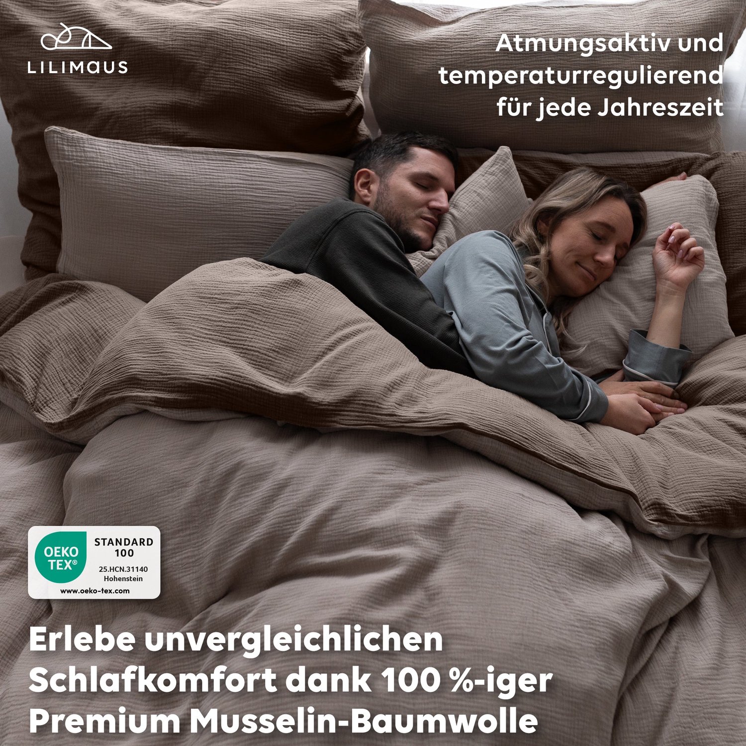 LILIMAUS Dekbedovertrek 155 x 220 cm (Duitse maat) met kussensloop 80 x 80 cm - mousseline katoen - lichtbeige en donkerbeige