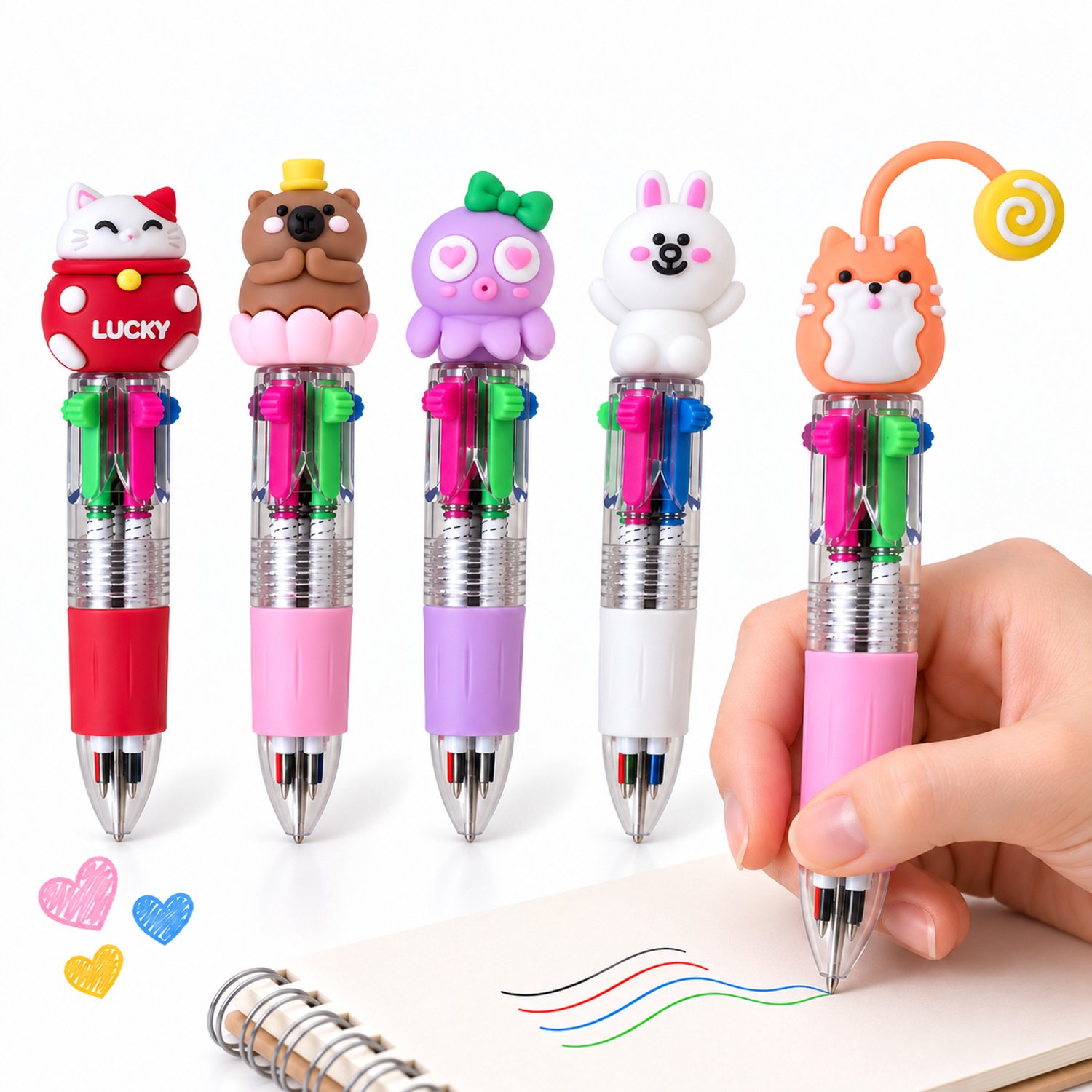 Tolvia 4-in-1 Balpennen - Set van 5 Kleurrijke Klikpennen - 4 Inktkleuren per Pen - Schattige Pennen voor Kinderen, School & Tekenen