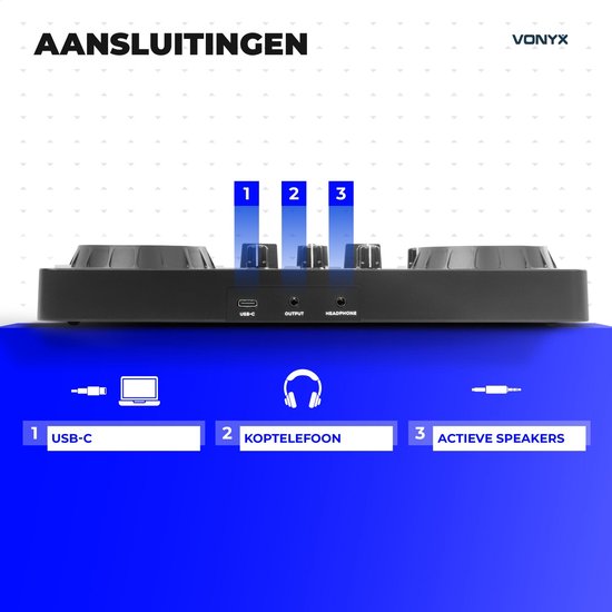 Achteraanzicht van de Vonyx Spin200 met USB-C, audio-uitgang en koptelefoonaansluiting gemarkeerd.