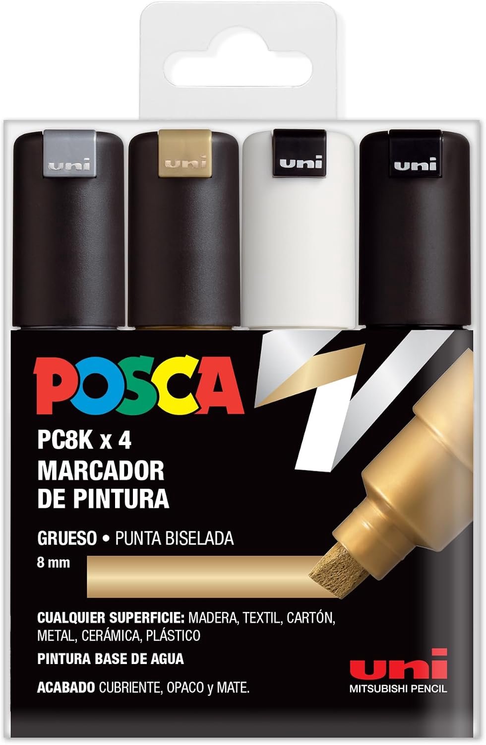 Set van 4 Verfmarkers, 6-8mm Punt, Waterbasis, Zilver, Goud, Wit, Zwart