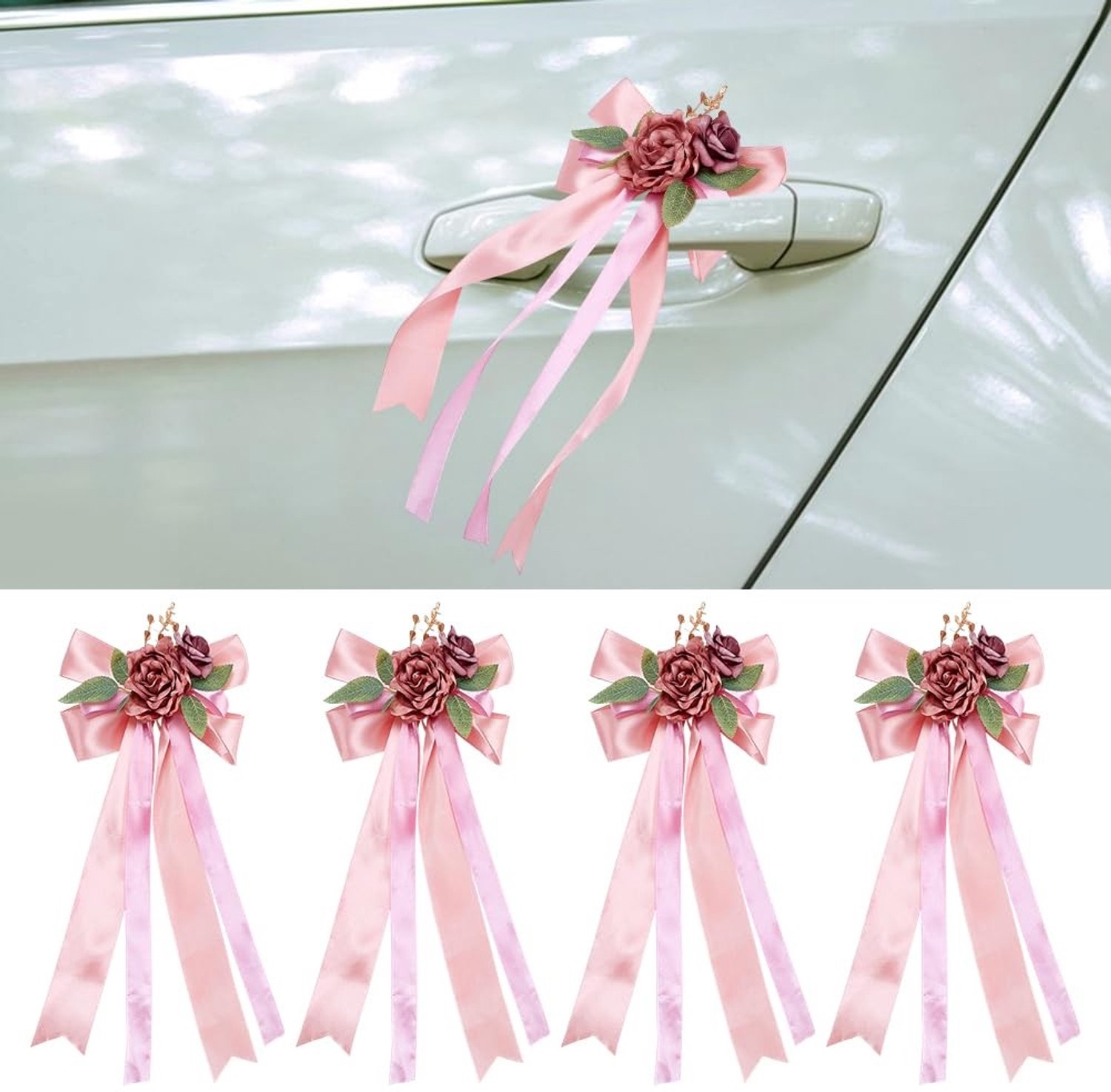 Set van 4 decoratieve roze kunstbloemen voor bruiloftsauto