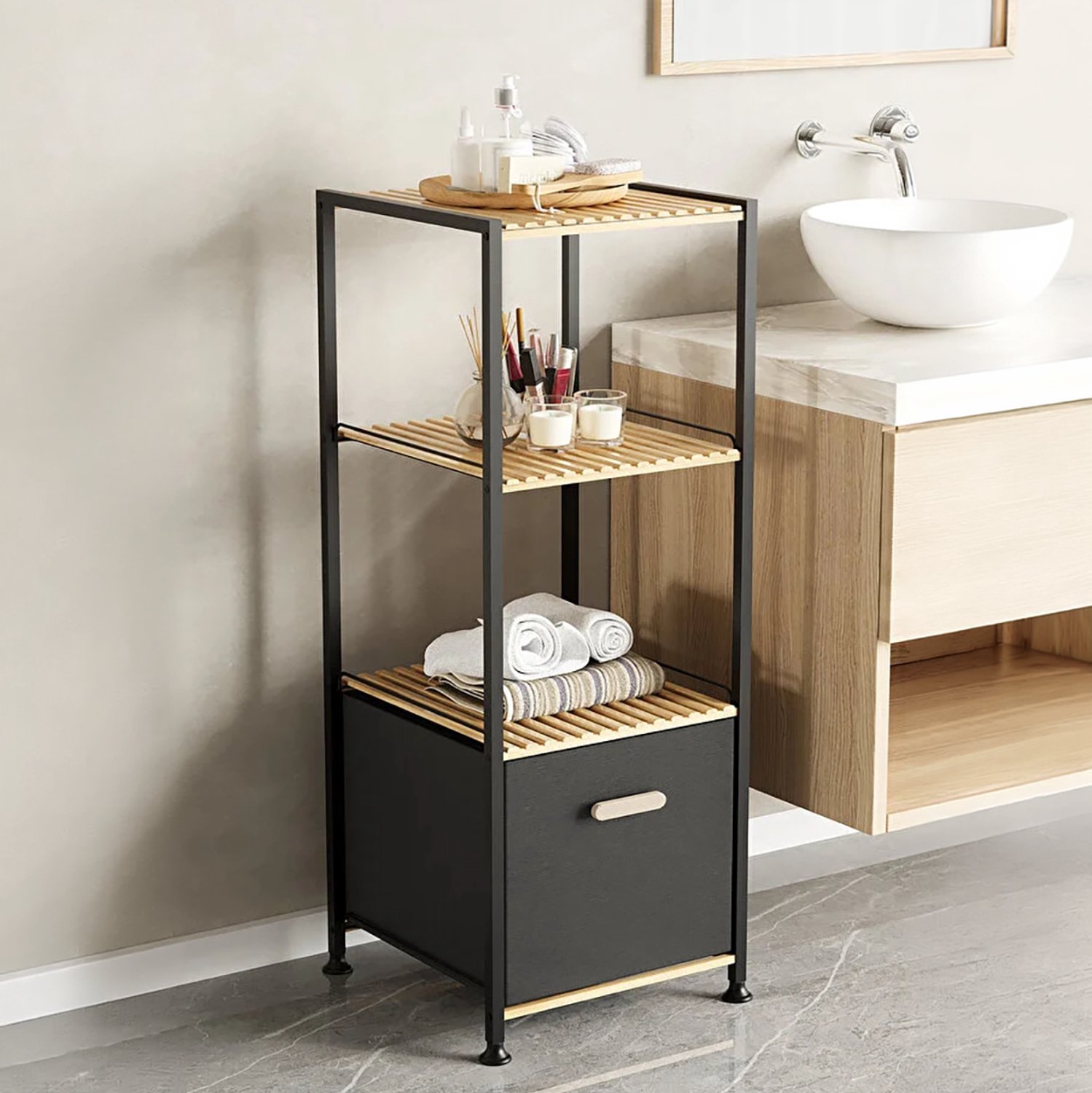 Zeo Wood® Badkamerrek 4 Laags – Opbergrek met Mand – Keukenrek – Badkamer Organizer – Vrijstaand Rek – Metaal & Hout – Zwart