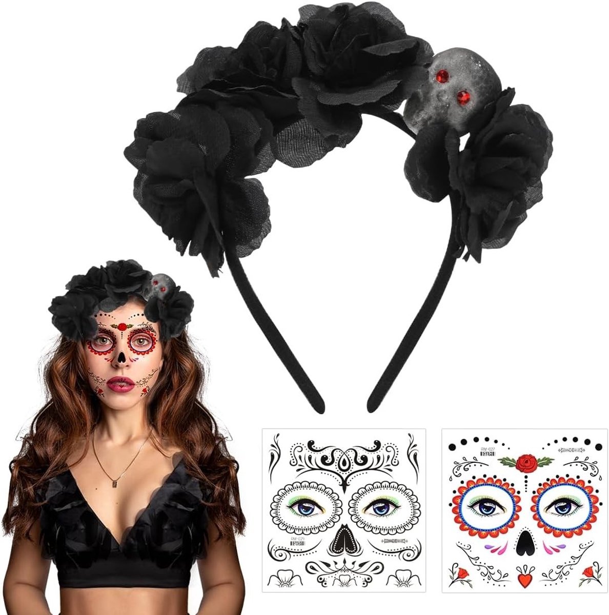 Rose Hoofdband met Mexicaanse Schedel voor Halloween, Dag van de Doden, Bruidsaccessoires en Kostuumfeest