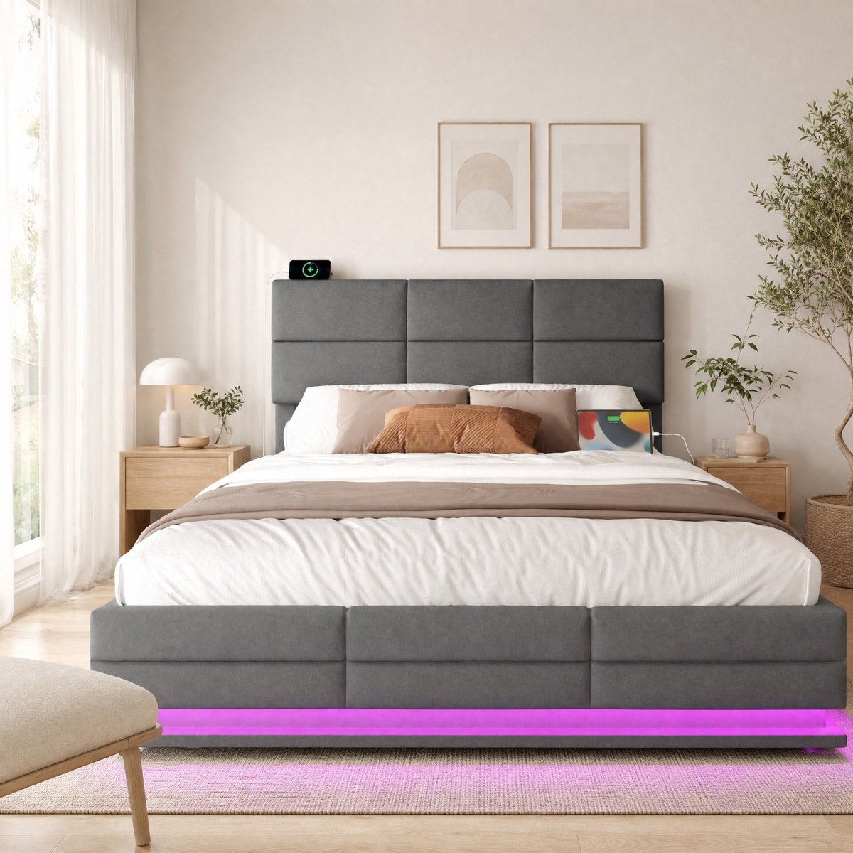 COVREO Bed met LED en USB – 140x200 cm – Bedframe met verstelbaar hoofdeinde – Opbergbed voor slaapkamer – Donkergrijs - zonder matras